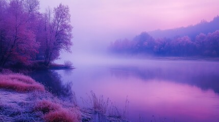 Poster - Misty autumn river landscape with violet fog and serene reflections at dawn