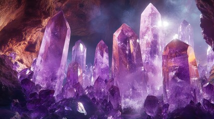 Poster - Majestic Amethyst Cave Interior Showcasing Geometric Purple Crystal Formations Surrounded by a Serene Atmosphere Illuminated by Soft Light