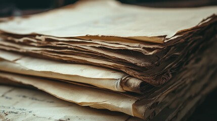 Poster - Vintage textured paper background featuring stacked old documents with a rustic appearance for creative design projects.