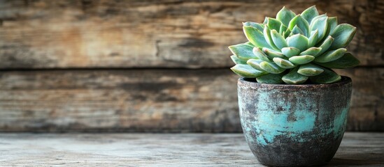 Poster - Succulent houseplant in decorative pot on rustic wooden surface perfect for home decor and interior design inspiration