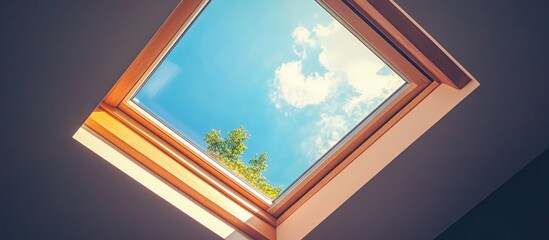 Poster - Open skylight showcasing a vibrant blue sky and natural light illuminating a modern home interior with a touch of greenery.