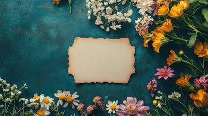 Poster - Summer flower flat lay with vintage mockup and empty label on teal background for creative design and stationery purposes