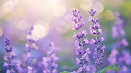 Poster - Violet bokeh texture background featuring delicate purple flowers with soft light creating a dreamy atmosphere and natural beauty.