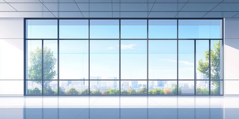 Aufkleber - Bright and Modern Office Space with Large Windows Overlooking a City Skyline and Green Trees on a Clear Day, Ideal for Contemporary Corporate Environments