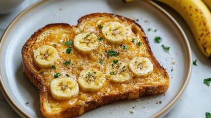 Poster - Vibrant Toast with Melted Cheese and Sliced Bananas on a Beige Plate Surrounded by Fresh Bananas in a Bright Kitchen Setting