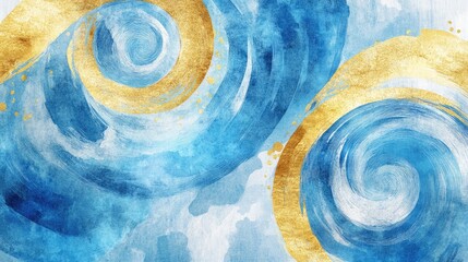 Fototapete - Vibrant blue and gold watercolor swirl abstract artwork on soft sky background ideal for posters website elements and elegant product packaging design