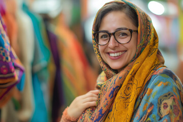 Portrait of a smiling saleswoman wearing a colorful patterned headscarf, showcasing textiles in a vibrant shop