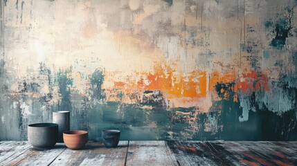 Poster - colorful abstract vintage artwork on a textured wall with ceramic pots on a rustic wooden table setting