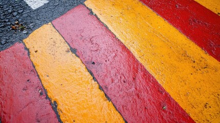 Poster - Vibrant Red and Orange Striped Patterns on a Wet Pavement Surface for Urban Design and Art Backgrounds
