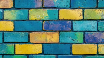 Fototapete - Vibrant Abstract Multicolored Brick Wall Featuring Bright Yellow Blue and Green Textures