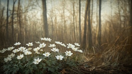 Poster - Vintage flowers blooming in a serene woodland setting with soft natural light and an ethereal atmosphere.