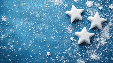 Poster - Festive blue background texture adorned with three white foam stars and delicate snowflakes, ideal for holiday card designs with ample copy space.