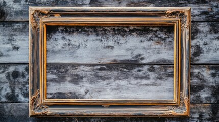 Poster - Elegant vintage wooden frame with intricate details on distressed wood background for photography and artwork display concepts.