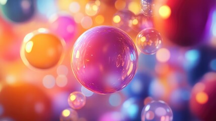 Poster - Colorful Iridescent Bubbles Floating in a Dreamy Soft Bokeh Background with Warm Hues of Orange Pink and Blue