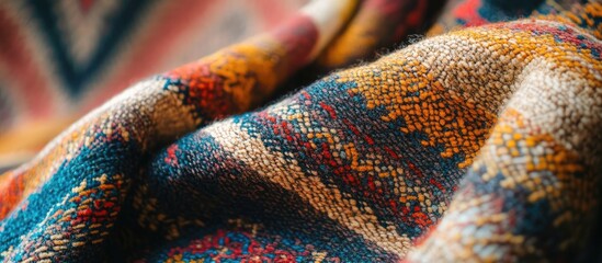 Aufkleber - Close up of a richly colored kilim textile highlighting intricate patterns and vibrant designs in woven fabric textures