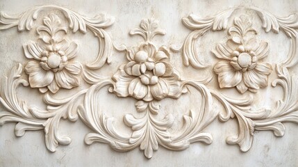 Poster - ornate vintage stucco wall texture featuring floral relief design in soft cream tones