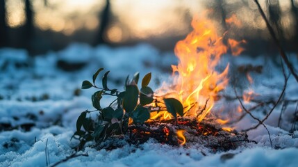 Poster - Warm Firelight Illuminating Green Plants Amidst Snowy Winter Landscape at Dusk