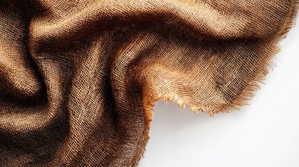 Poster - Brown textured fabric swatch draped elegantly on a white background showcasing rustic vintage appeal and natural fibers.