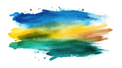 Poster - Vibrant Multicolored Watercolor Brushstroke with Blue Green Yellow and Brown Tones on White Background Showcasing Rich Texture and Artistic Expression