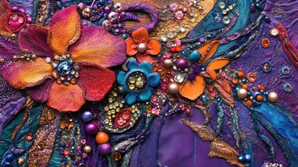 Poster - Vibrant purple and orange floral embellishments with intricate textures, showcasing detailed beads and metallic accents in a colorful textile composition.