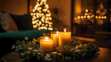 Sticker - Three lit candles surrounded by green clovers, with a softly illuminated background featuring bokeh lights