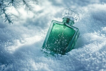 Wall Mural - A green glass perfume bottle resting on a bed of snow, with a sparkling, frosty appearance and soft natural lighting