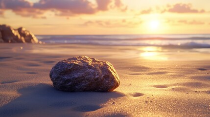 Wall Mural - A large rock sits on the beach at sunset