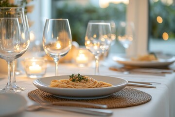 Sticker - A minimalistic setting featuring a plate of pasta garnished with herbs, surrounded by elegant glassware and soft candlelight