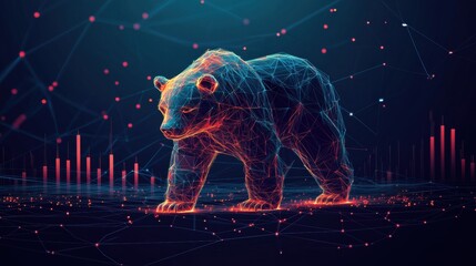 Poster - Bear standing on dark surface with red and blue network lines creating an abstract background
