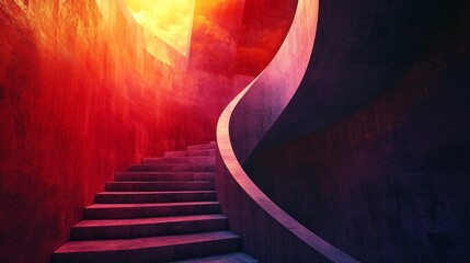 Wall Mural - A spiral staircase is shown in a red and orange color scheme