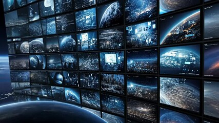 Poster - A control room showcases numerous screens illuminating global data visuals at night, highlighting advanced technology and analytics