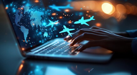 Aufkleber - Dynamic Ecommerce Concept of Air Travel and Digital Communication with Laptop and Airplane Graphics in Modern Workspace