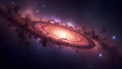 Panoramic view of Milky Way galaxy, vibrant purple and pink cosmic clouds, bright glowing galactic core, scattered stars, celestial landscape, deep space photography, high resolution astrophotography