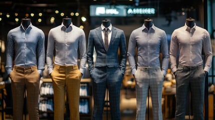 Poster - A captivating display features five mannequins dressed in diverse outfits ranging from casual to formal wear