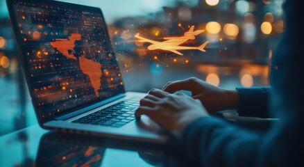Poster - Global Connectivity and Technology: Digital Transformation in Travel and Aviation with Laptop, Maps, and Airplane Graphics Overlaid in a Modern Workspace Setting