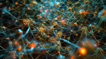 Poster - This captivating abstract image represents neural network models with glowing connections, showcasing the complexity of data visualization in technology and science.