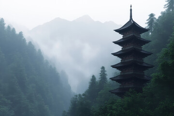 Wall Mural - A tall tower with a steeple sits in a forest