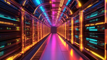 Poster - Futuristic data center hallway with vibrant neon lights illuminating the servers racks