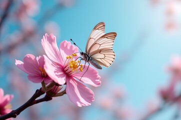 Wall Mural - A delicate, white butterfly with brown veins, sipping nectar from a pink flower