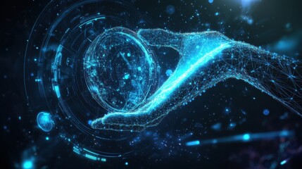 Poster - Hand reaching toward a glowing blue sphere in a dark environment