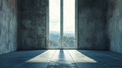 Aufkleber - Empty concrete room with large window overlooking green hills
