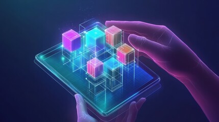 Poster - Hand holding a tablet displaying a colorful 3d cube on the screen in a bright environment