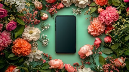 Aufkleber - An empty smartphone screen takes center stage, elegantly framed by a tapestry of colorful flowers and lush leaves, embodying a perfect blend of nature and technology