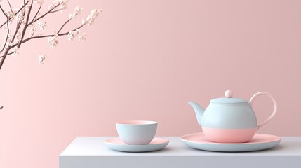 Wall Mural - A minimalist tea set styled on a smooth pastel surface with elegant details. picture