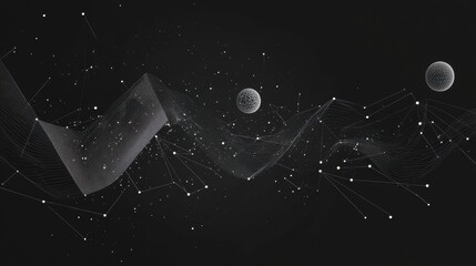 Poster - White sphere and white line on a black background in a minimalist artistic composition