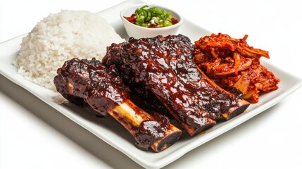 Wall Mural - A plate of spicy Korean BBQ ribs served with steamed rice and kimchi, Each rib coated in a sticky, caramelized sauce and bursting with bold flavors