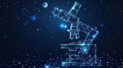 Poster - Microscope on a blue background with detailed focus on optical components and stage mechanism