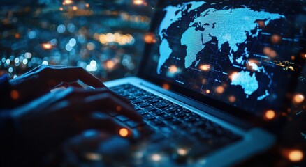 Aufkleber - Modern Hands Typing on Laptop with World Map Display, Digital Connections, Night View Cityscape, Focus on Global Networking and Technology in Business Environment