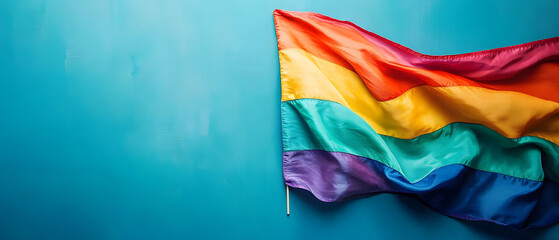 Wall Mural - LGBT Pride rainbow flag over blue background with empty space for text. Diversity, love, freedom and LGBT concept.