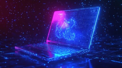 Aufkleber - Laptop with a glowing screen displaying vibrant colors on a wooden desk in a modern workspace